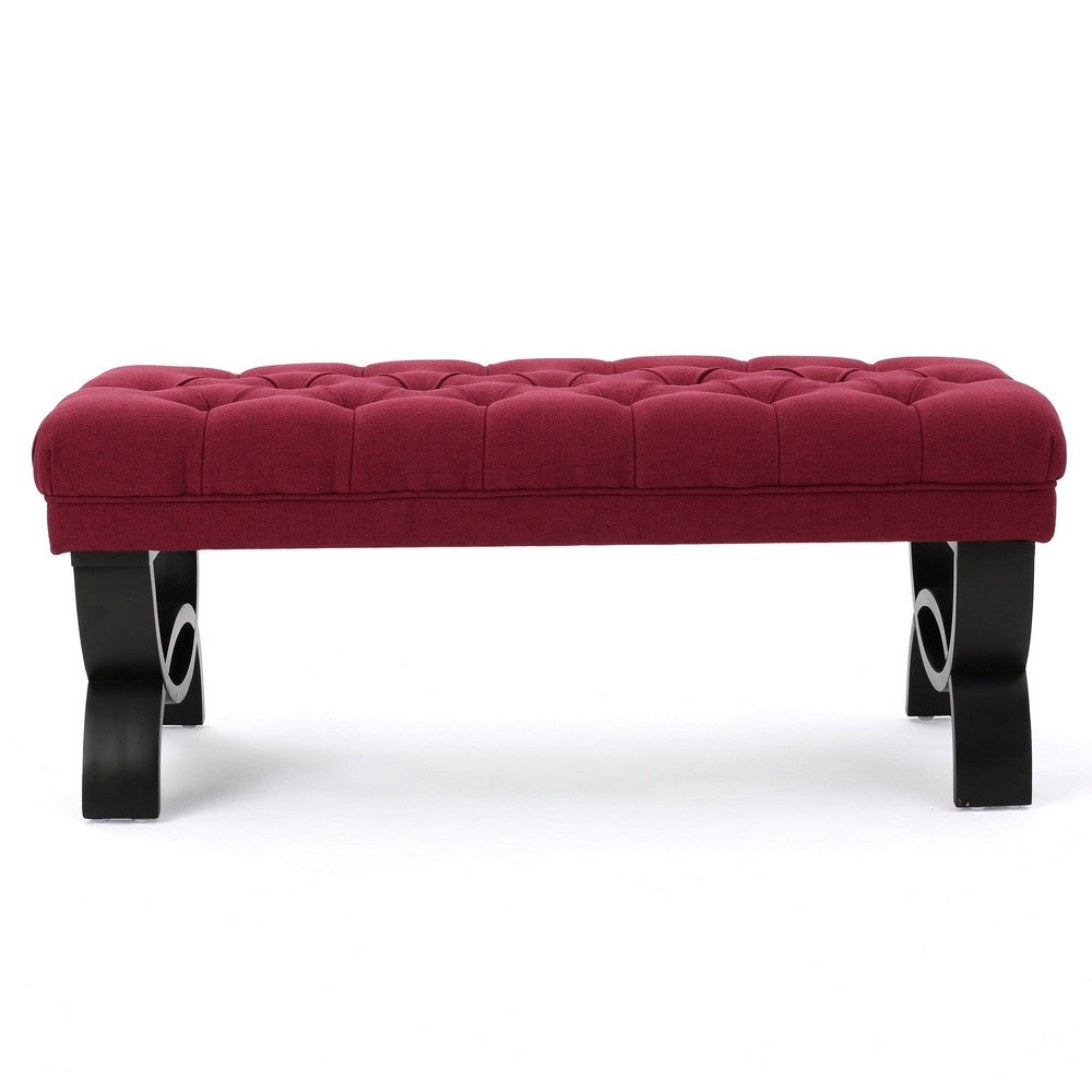 Riam Ottoman Bench, 41 Inch, Button Tufted, Rounded Wood Legs, Red - BM327009