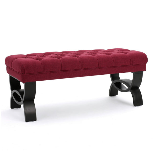 Riam Ottoman Bench, 41 Inch, Button Tufted, Rounded Wood Legs, Red - BM327009