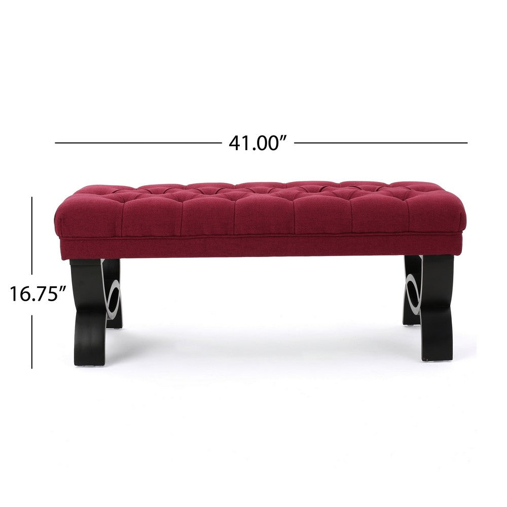 Riam Ottoman Bench, 41 Inch, Button Tufted, Rounded Wood Legs, Red - BM327009