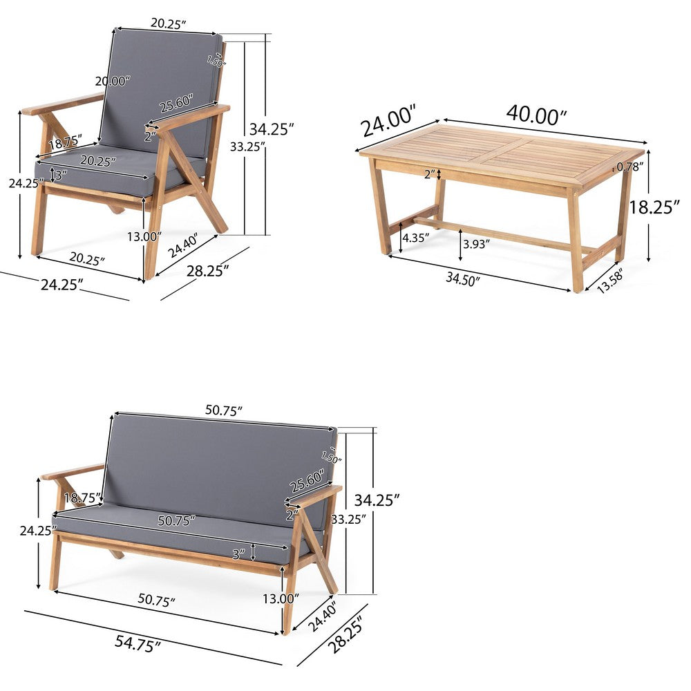 Namm 4pc Outdoor Table, Chairs, Loveseat Set, Brown Acacia Wood, Gray - BM327010