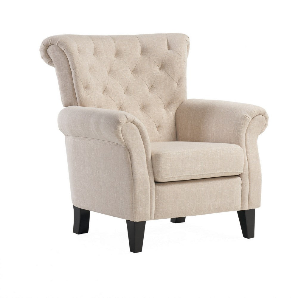Koni Accent Armchair, Button Diamond Tufted, Rolled Arms, Beige Fabric - BM327013