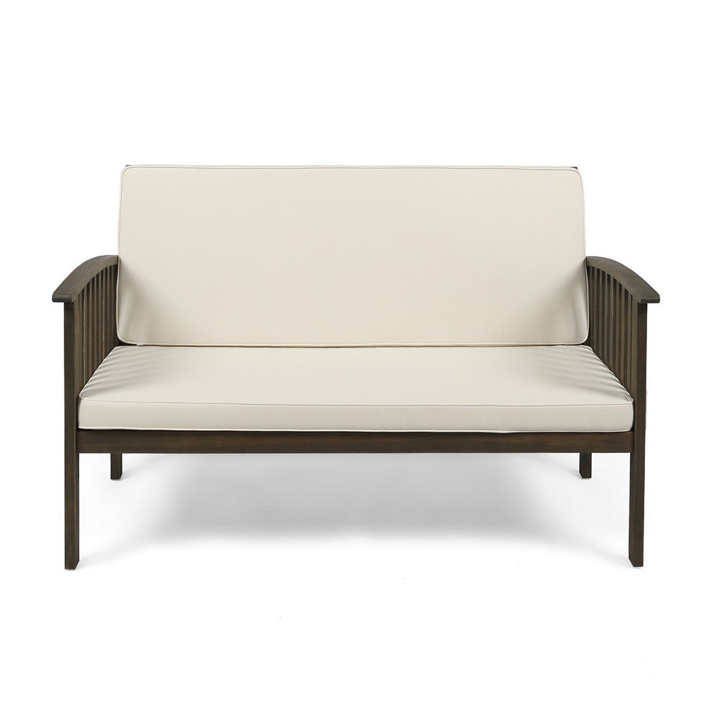 Gerry Outdoor Loveseat, Slat Panel Design, 53 Inch, Ivory Cushions - BM327015