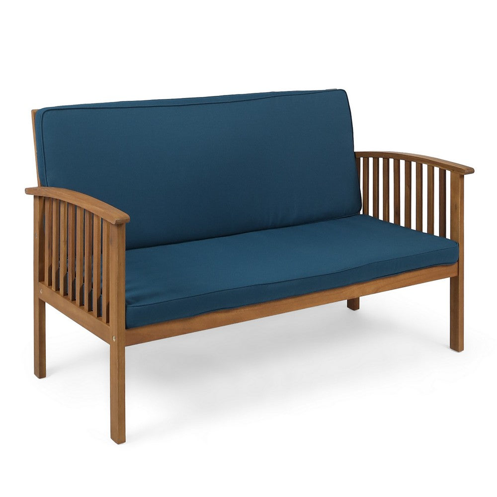 Gerry Outdoor Loveseat, Slat Panel Design, 53 Inch, Blue Cushions - BM327023