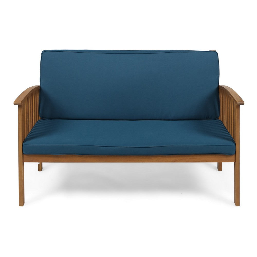 Gerry Outdoor Loveseat, Slat Panel Design, 53 Inch, Blue Cushions - BM327023