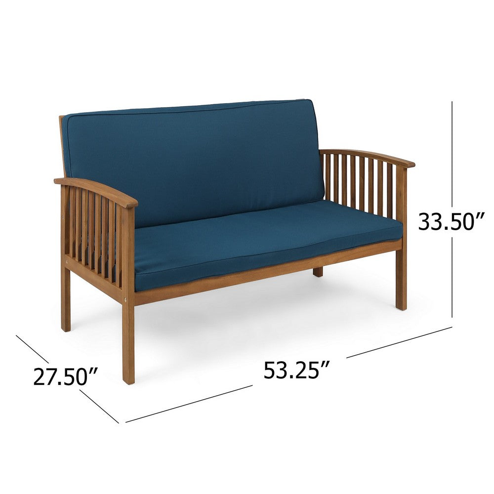 Gerry Outdoor Loveseat, Slat Panel Design, 53 Inch, Blue Cushions - BM327023