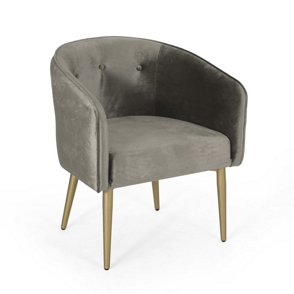Dining Armchair, Round Button Tufted Backrest, Gray Velvet, Gold Legs - BM327043