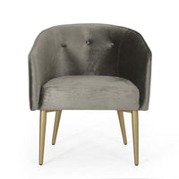 Dining Armchair, Round Button Tufted Backrest, Gray Velvet, Gold Legs - BM327043