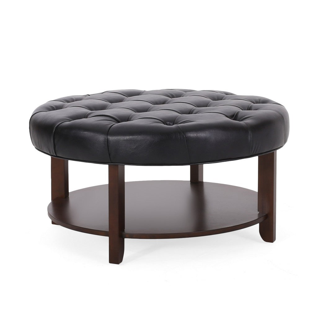 Kiam Ottoman, Shelf, Black Tufted Faux Leather, Brown Wood 32 Inch - BM327066