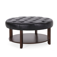 Kiam Ottoman, Shelf, Black Tufted Faux Leather, Brown Wood 32 Inch - BM327066