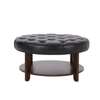 Kiam Ottoman, Shelf, Black Tufted Faux Leather, Brown Wood 32 Inch - BM327066