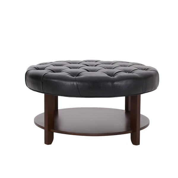 Kiam Ottoman, Shelf, Black Tufted Faux Leather, Brown Wood 32 Inch - BM327066