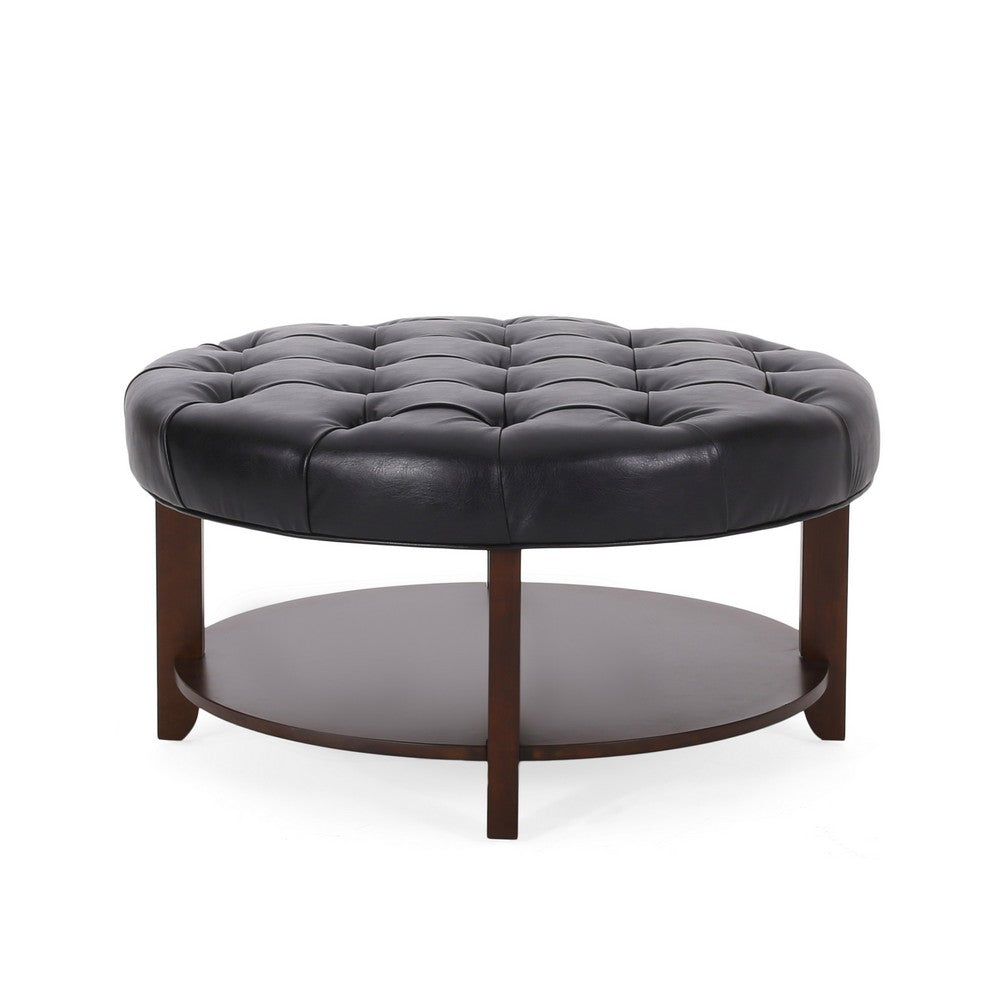 Kiam Ottoman, Shelf, Black Tufted Faux Leather, Brown Wood 32 Inch - BM327066