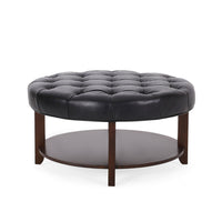 Kiam Ottoman, Shelf, Black Tufted Faux Leather, Brown Wood 32 Inch - BM327066