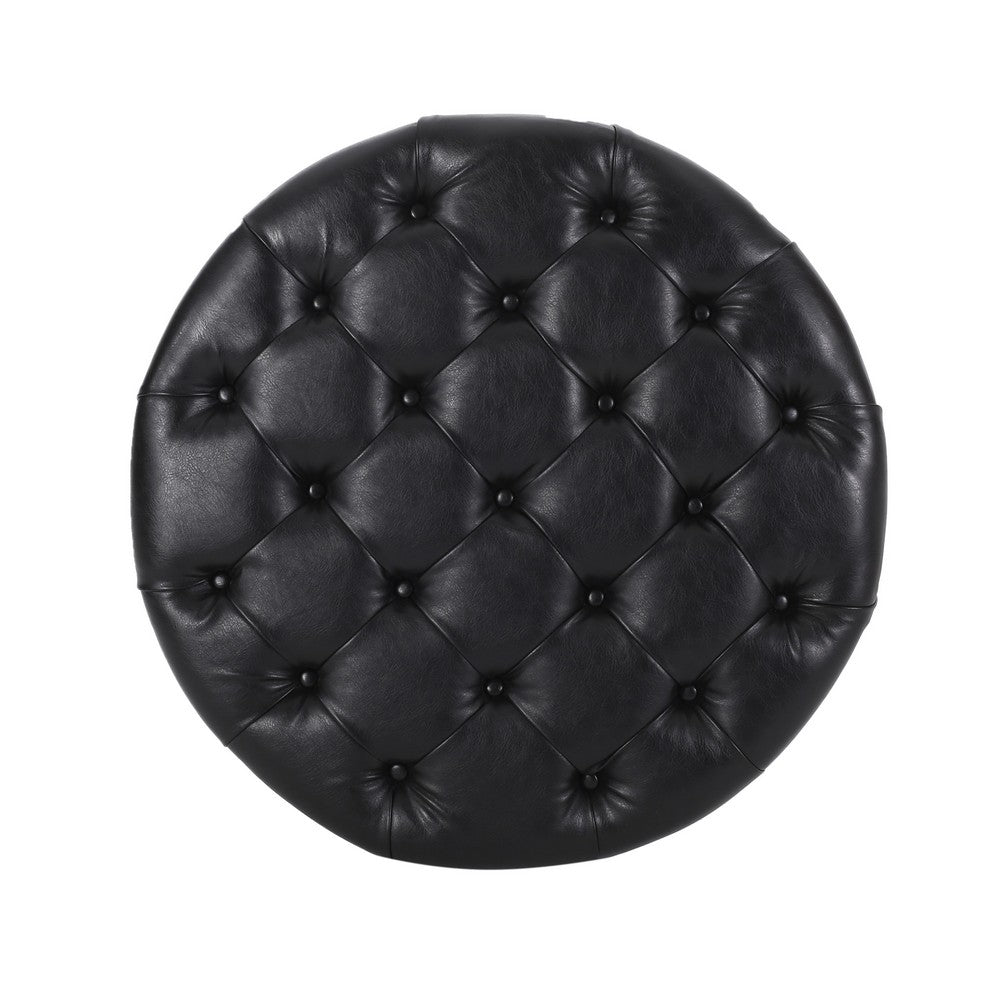 Kiam Ottoman, Shelf, Black Tufted Faux Leather, Brown Wood 32 Inch - BM327066
