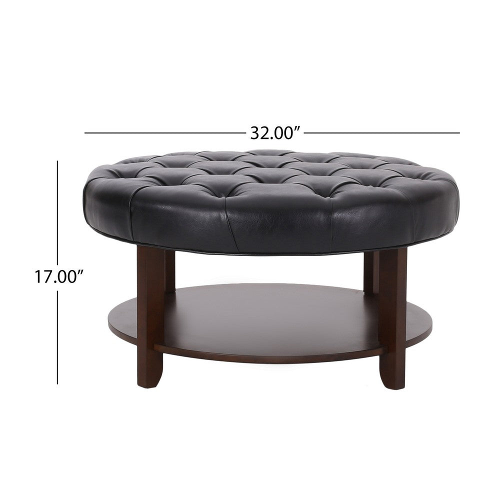 Kiam Ottoman, Shelf, Black Tufted Faux Leather, Brown Wood 32 Inch - BM327066