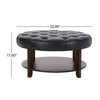 Kiam Ottoman, Shelf, Black Tufted Faux Leather, Brown Wood 32 Inch - BM327066