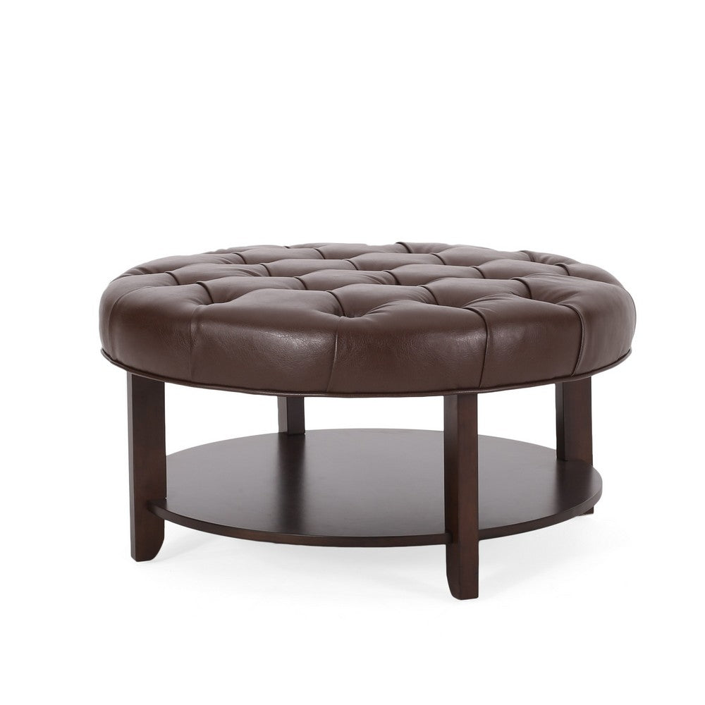 Kiam Ottoman, Shelf, Tufted Dark Brown Faux Leather, Wood 32 Inch - BM327067