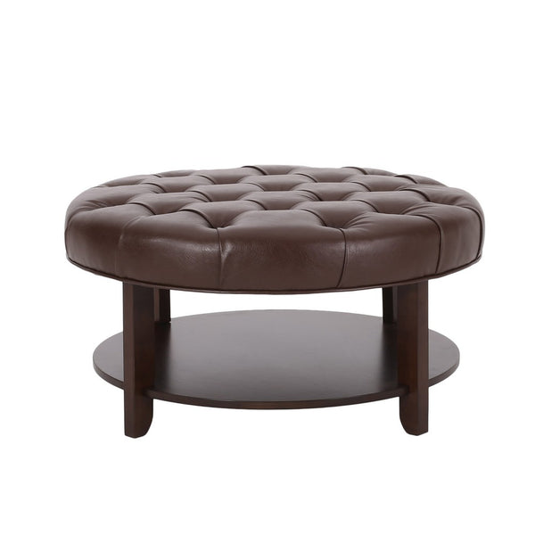 Kiam Ottoman, Shelf, Tufted Dark Brown Faux Leather, Wood 32 Inch - BM327067