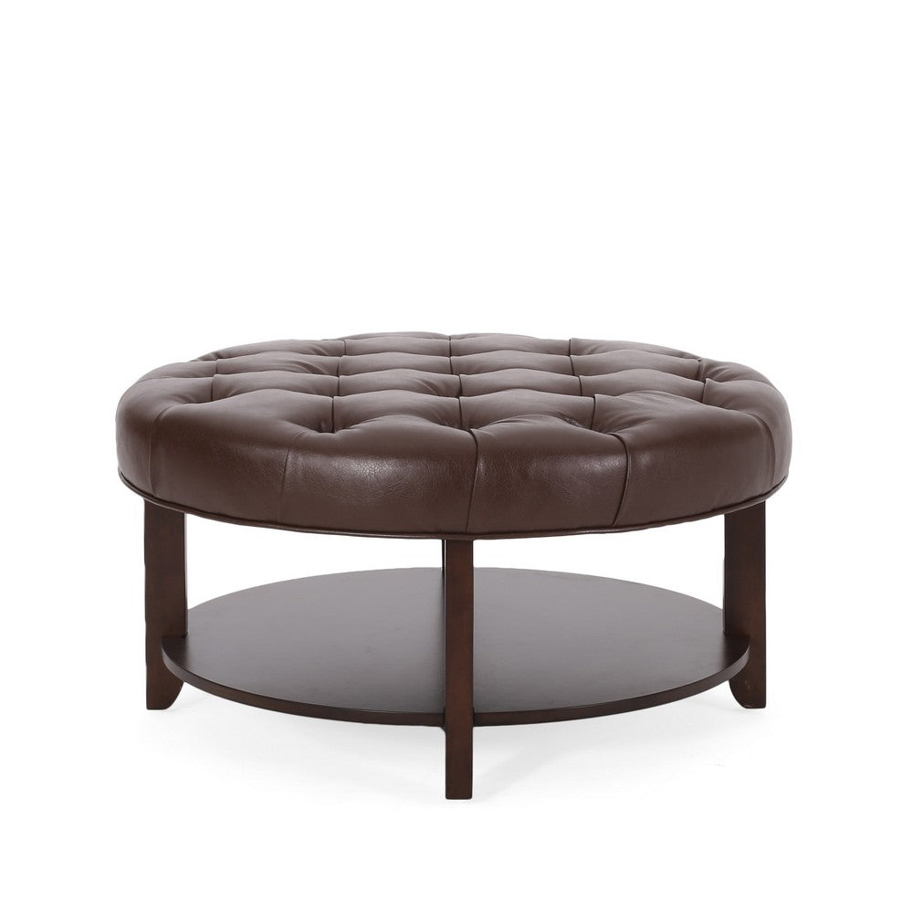 Kiam Ottoman, Shelf, Tufted Dark Brown Faux Leather, Wood 32 Inch - BM327067