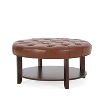 Kiam Ottoman, Shelf, Light Brown Faux Leather, Brown Wood 32 Inch - BM327068