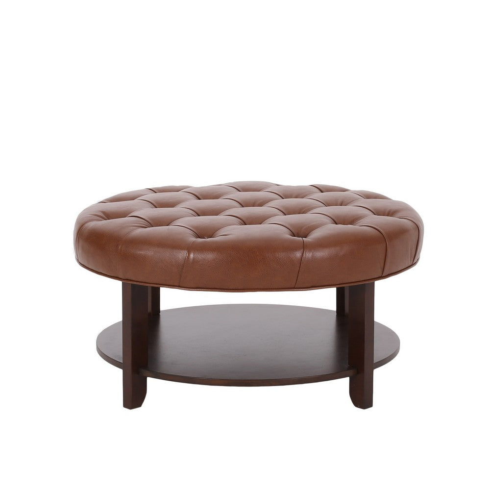 Kiam Ottoman, Shelf, Light Brown Faux Leather, Brown Wood 32 Inch - BM327068