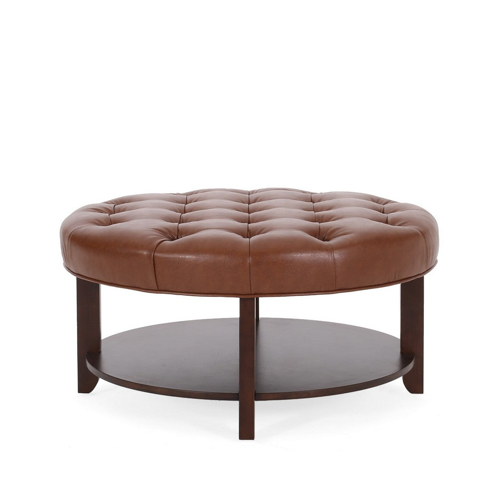 Kiam Ottoman, Shelf, Light Brown Faux Leather, Brown Wood 32 Inch - BM327068