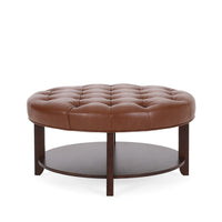 Kiam Ottoman, Shelf, Light Brown Faux Leather, Brown Wood 32 Inch - BM327068