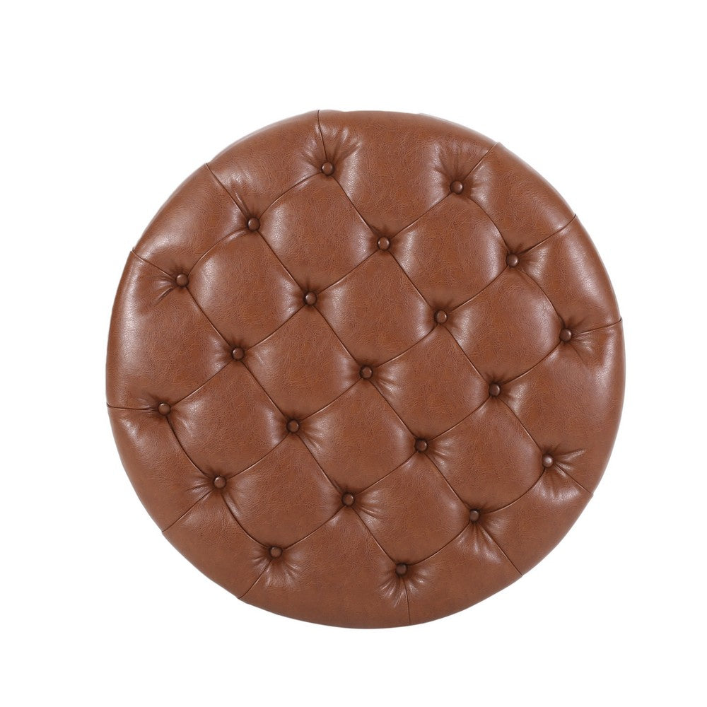 Kiam Ottoman, Shelf, Light Brown Faux Leather, Brown Wood 32 Inch - BM327068