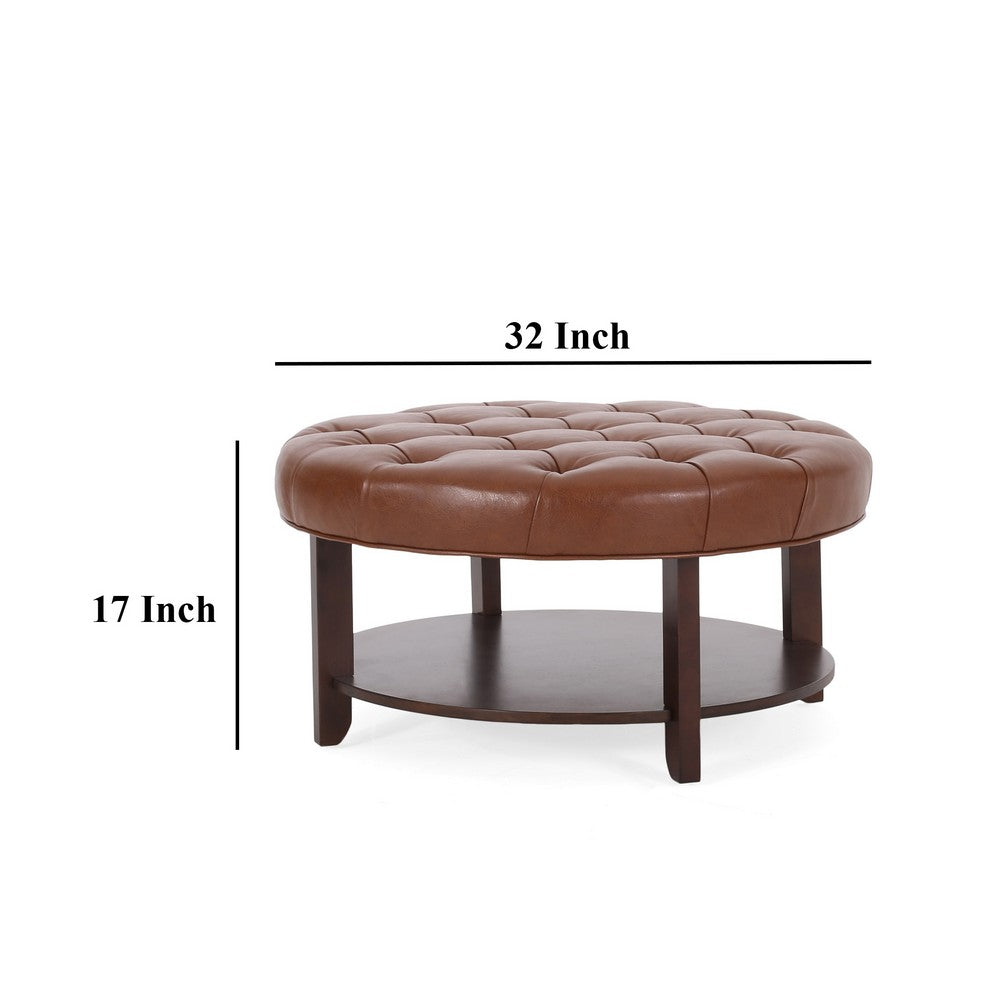 Kiam Ottoman, Shelf, Light Brown Faux Leather, Brown Wood 32 Inch - BM327068