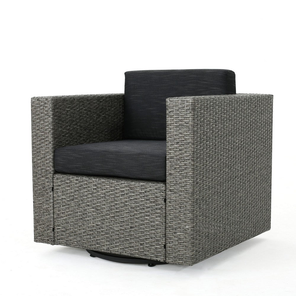 Perie Outdoor Swivel Chair, Black Fabric, Gray Wicker, Iron, 34 Inch - BM327077