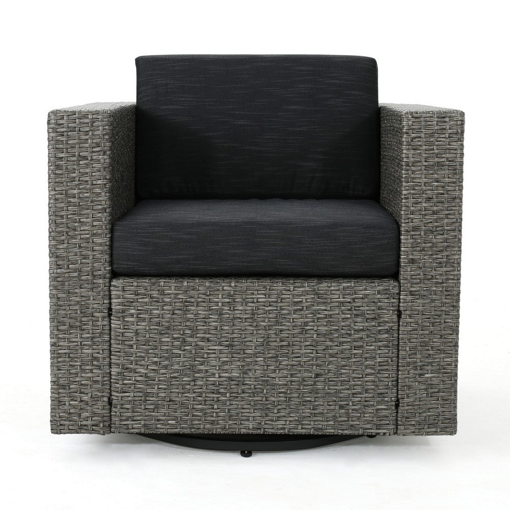 Perie Outdoor Swivel Chair, Black Fabric, Gray Wicker, Iron, 34 Inch - BM327077