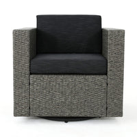 Perie Outdoor Swivel Chair, Black Fabric, Gray Wicker, Iron, 34 Inch - BM327077
