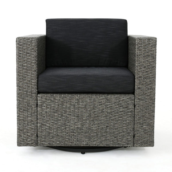 Perie Outdoor Swivel Chair, Black Fabric, Gray Wicker, Iron, 34 Inch - BM327077