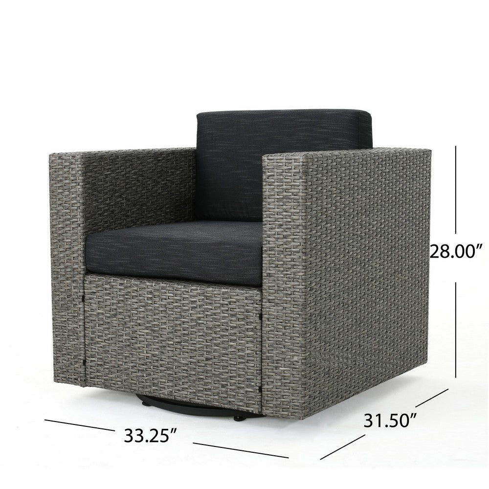 Perie Outdoor Swivel Chair, Black Fabric, Gray Wicker, Iron, 34 Inch - BM327077