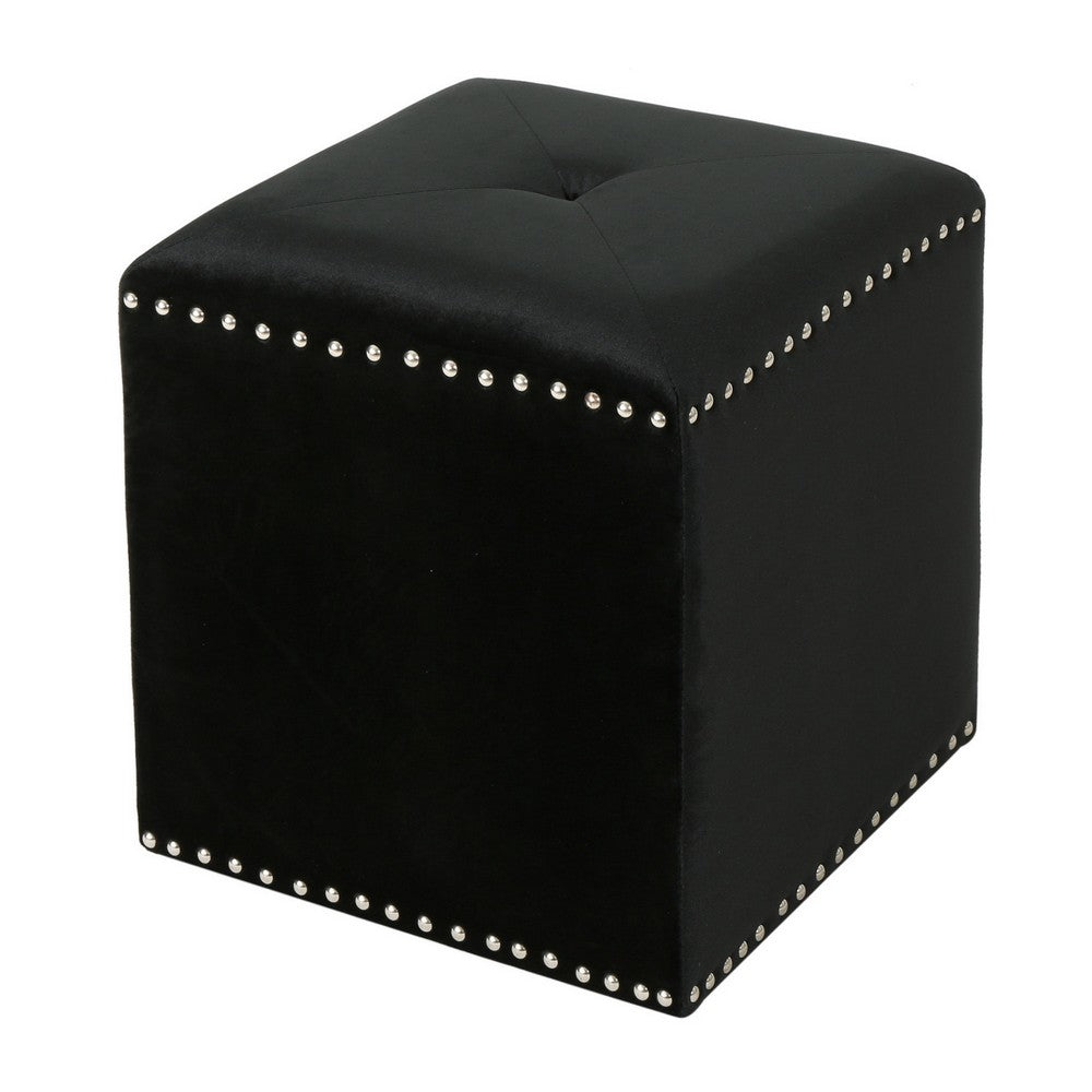 Neli Ottoman, Black Velvet, Single Tuft on Top, Nailhead Trim, 17 Inch - BM327084