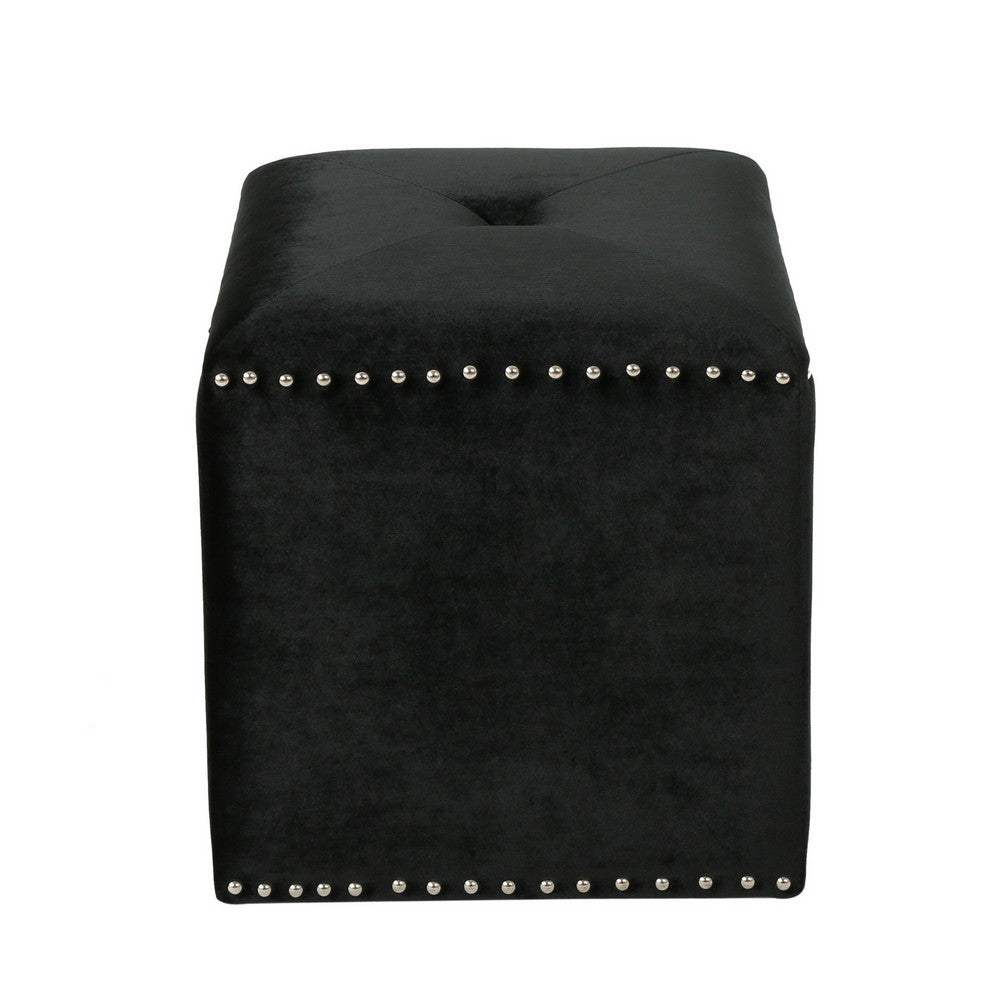 Neli Ottoman, Black Velvet, Single Tuft on Top, Nailhead Trim, 17 Inch - BM327084