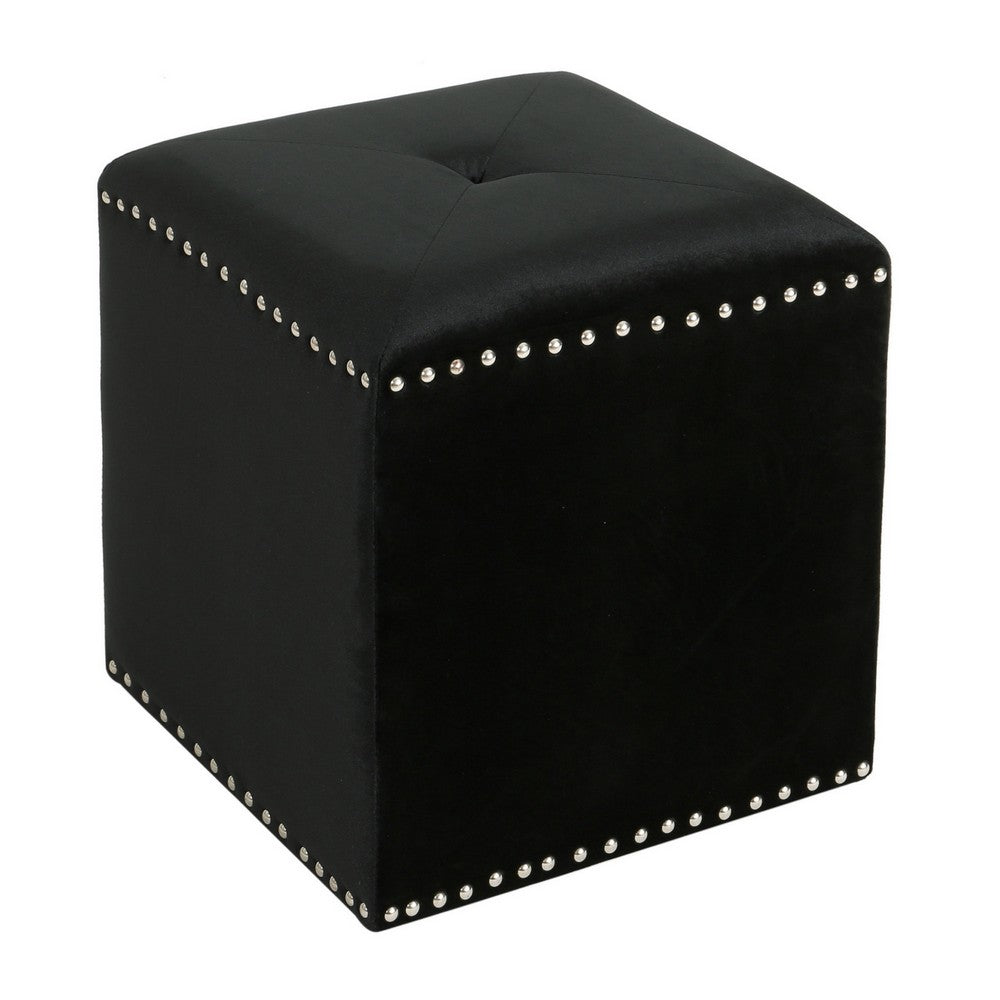 Neli Ottoman, Black Velvet, Single Tuft on Top, Nailhead Trim, 17 Inch - BM327084