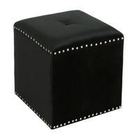 Neli Ottoman, Black Velvet, Single Tuft on Top, Nailhead Trim, 17 Inch - BM327084