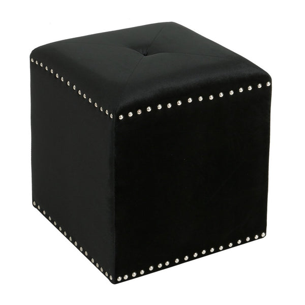 Neli Ottoman, Black Velvet, Single Tuft on Top, Nailhead Trim, 17 Inch - BM327084