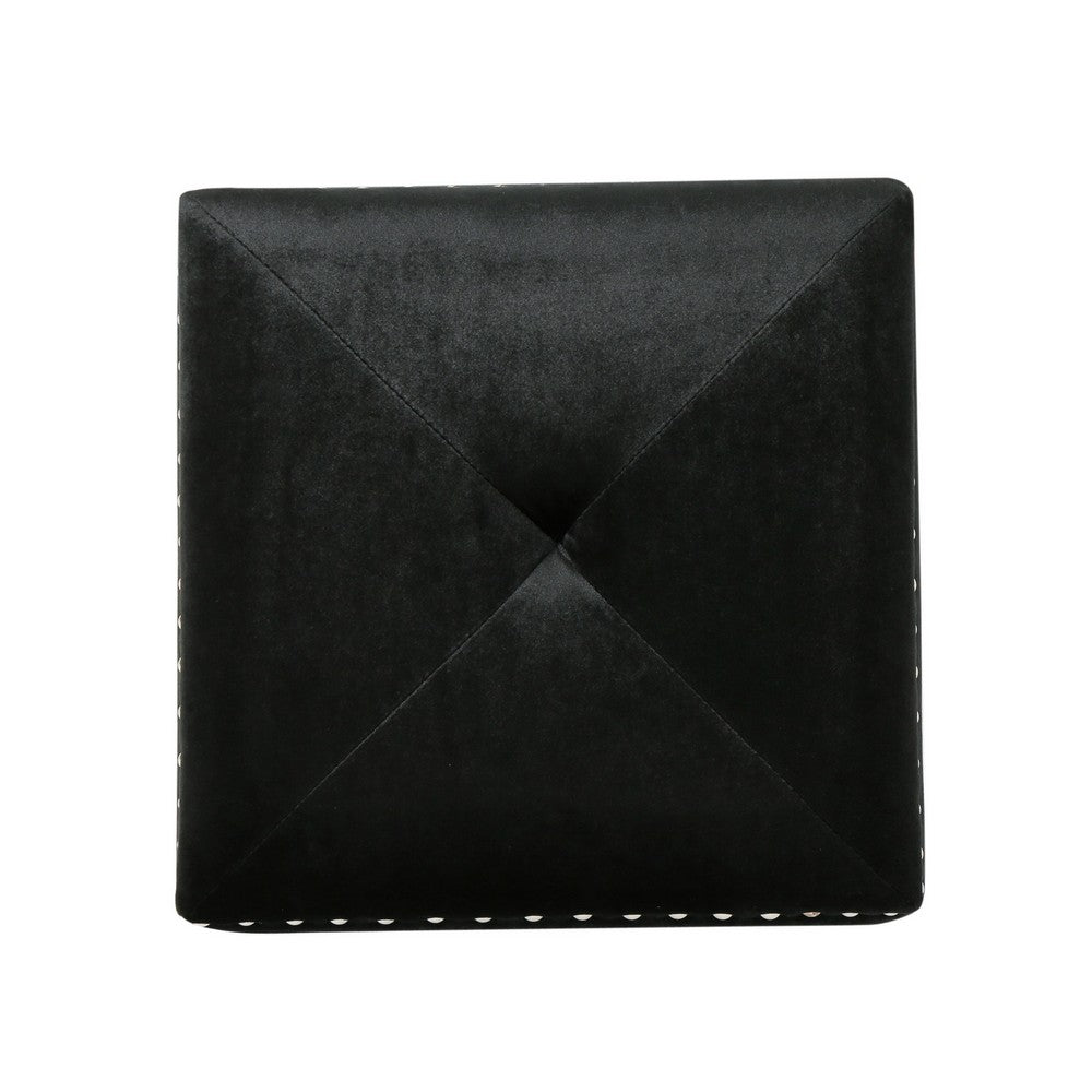 Neli Ottoman, Black Velvet, Single Tuft on Top, Nailhead Trim, 17 Inch - BM327084