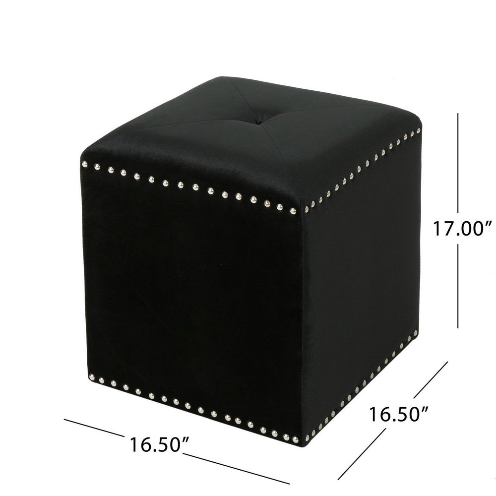 Neli Ottoman, Black Velvet, Single Tuft on Top, Nailhead Trim, 17 Inch - BM327084