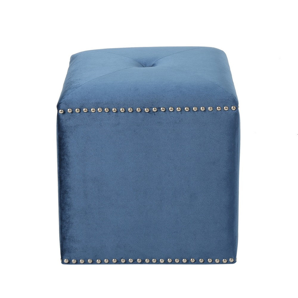 Neli Ottoman, Blue Velvet, Single Tuft on Top, Nailhead Trim, 17 Inch - BM327085