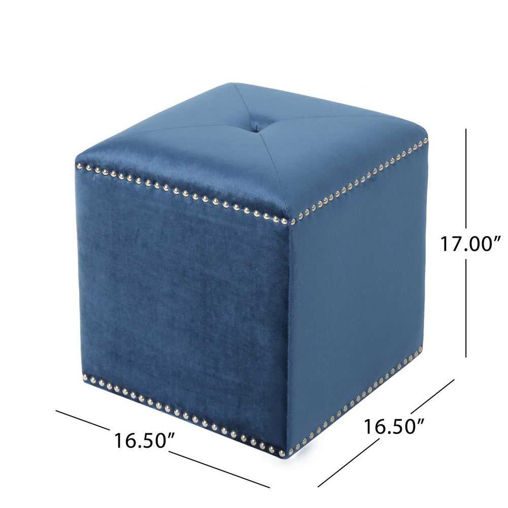 Neli Ottoman, Blue Velvet, Single Tuft on Top, Nailhead Trim, 17 Inch - BM327085