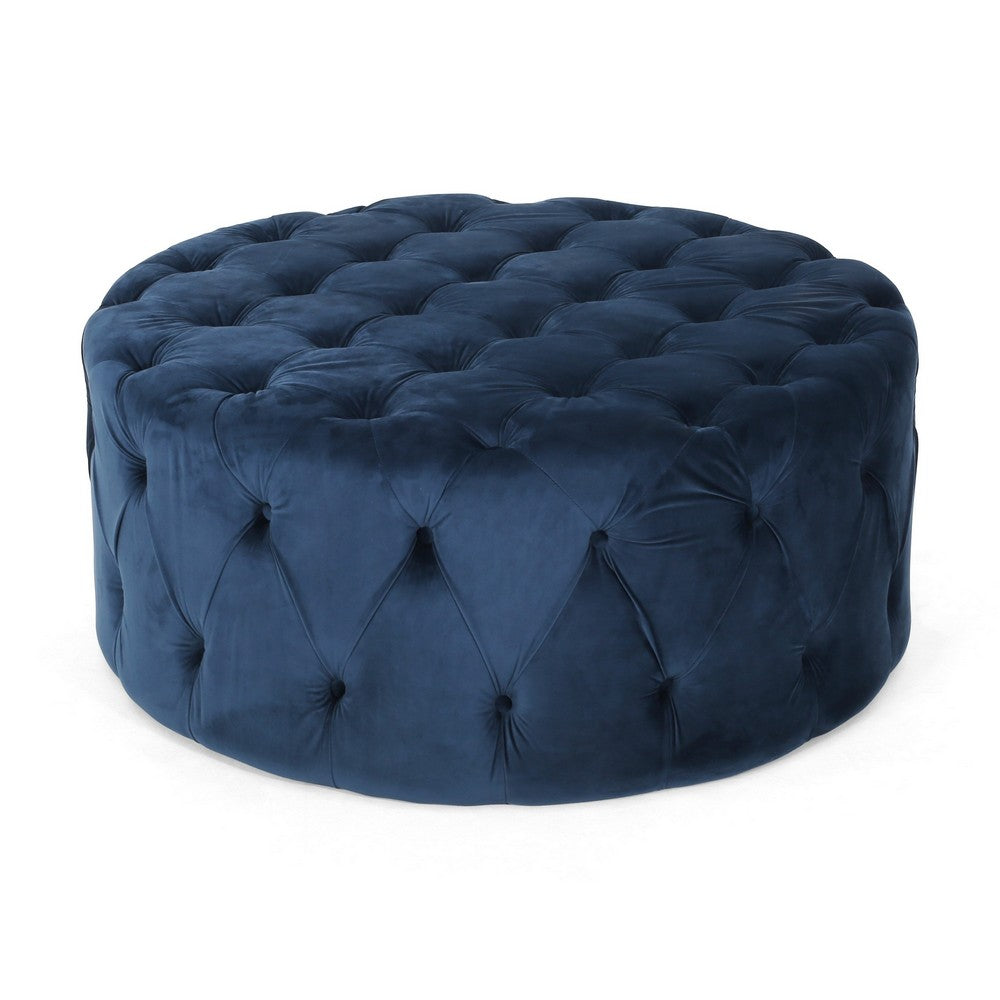 Vivan Ottoman, Tufted Blue Velvet, Soft Cushions, Round 40 Inch Top - BM327086