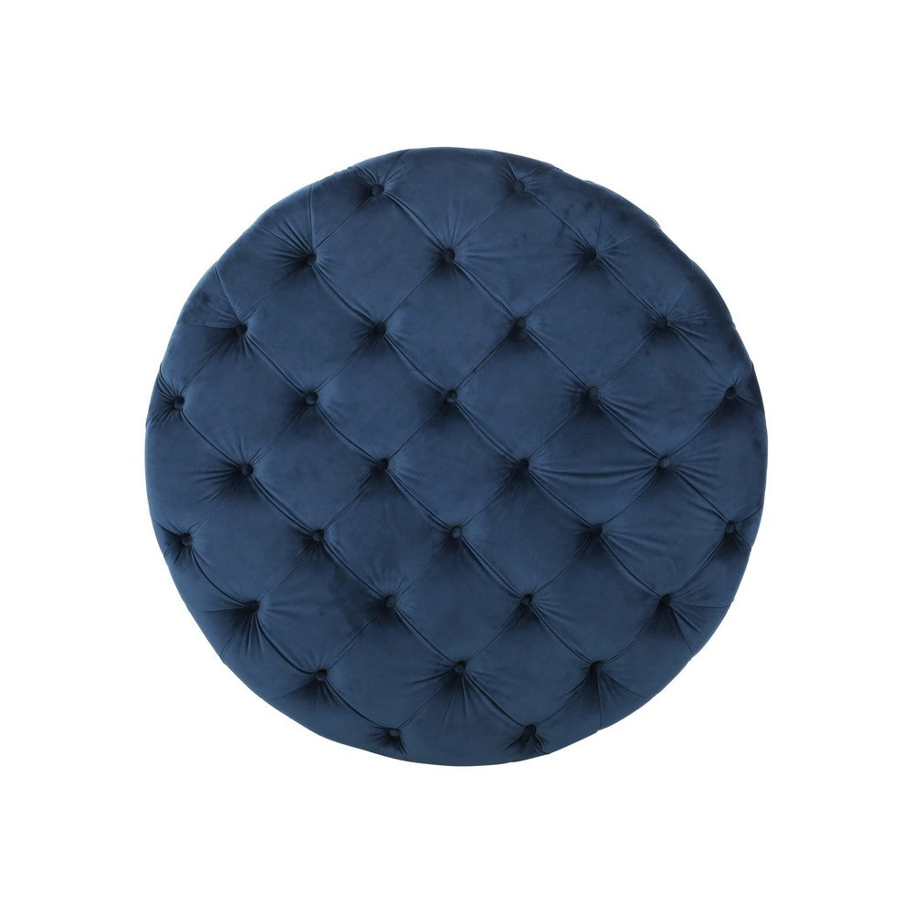 Vivan Ottoman, Tufted Blue Velvet, Soft Cushions, Round 40 Inch Top - BM327086