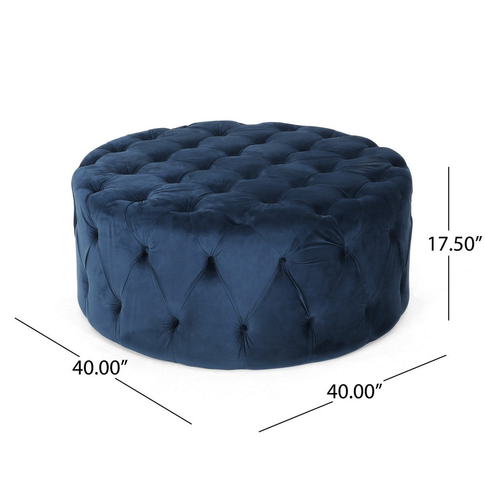 Vivan Ottoman, Tufted Blue Velvet, Soft Cushions, Round 40 Inch Top - BM327086