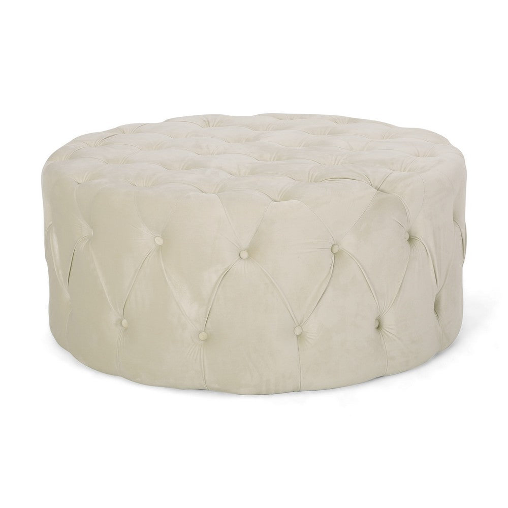 Vivan Ottoman, Tufted Beige Velvet, Soft Cushions, Round 40 Inch Top - BM327087