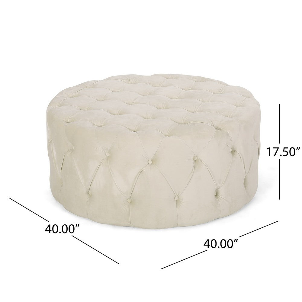 Vivan Ottoman, Tufted Beige Velvet, Soft Cushions, Round 40 Inch Top - BM327087