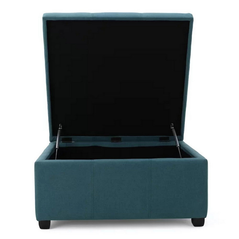 Carl Storage Ottoman, Teal Tufted Fabric, Soft Cushion, Black, 35 Inch - BM327092