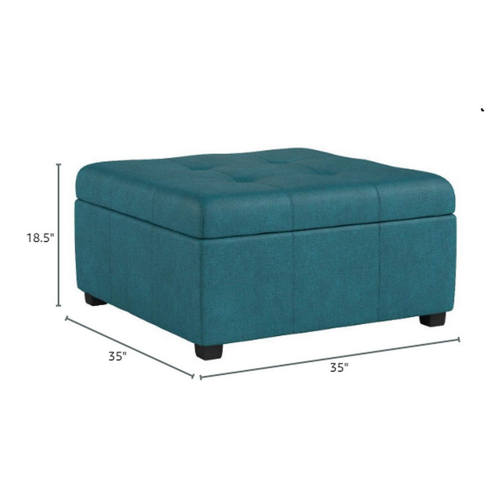 Carl Storage Ottoman, Teal Tufted Fabric, Soft Cushion, Black, 35 Inch - BM327092